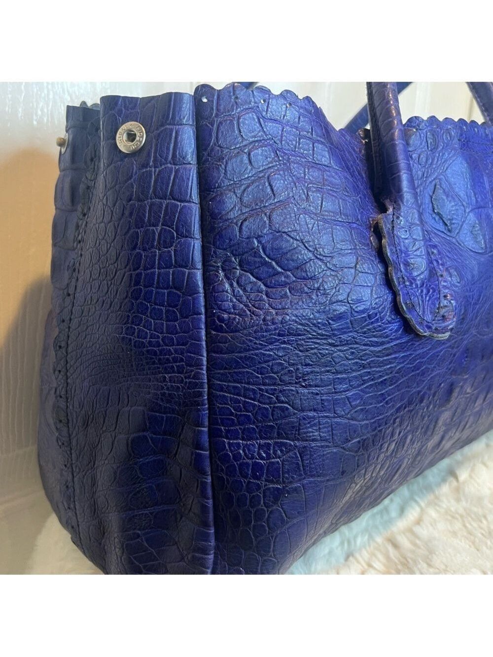 FURLA LEATHER (CANDY BAG) CROCODILE EMBOSSED SATCHEL TOTE PURPLE/BLUE - Picture 2 of 15